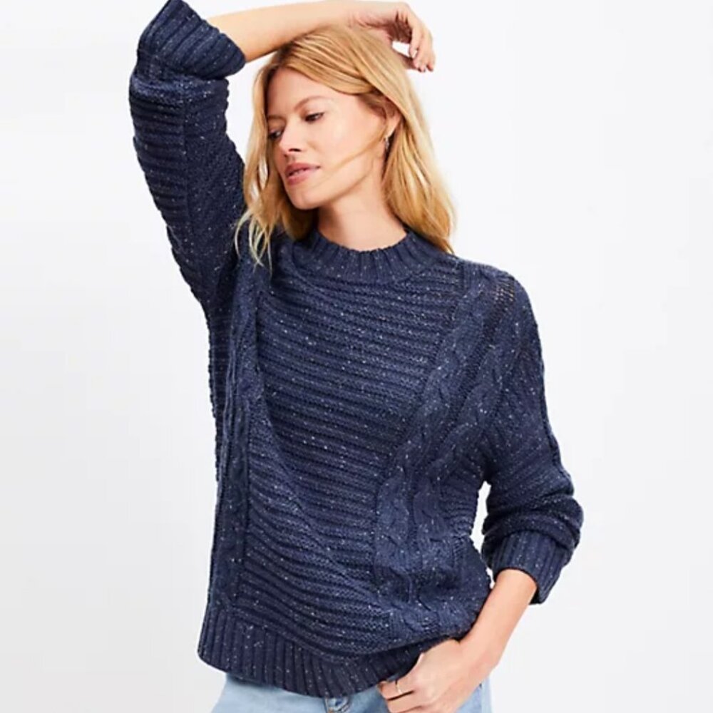 Loft Women's Flecked Cable Linked Mock Neck Tunic Sweater Navy Blue Size XS